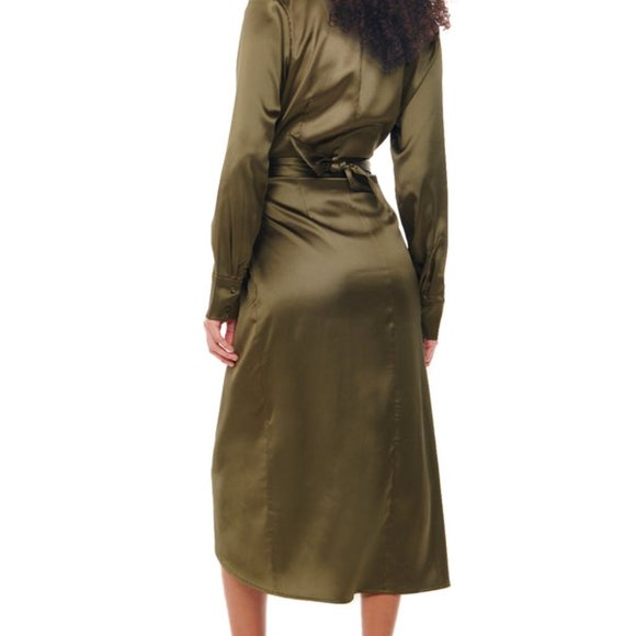 Never Fully Dressed Olive Green / Khaki Satin Wrap Dress - Size 8, Khaki - Picture 4 of 7